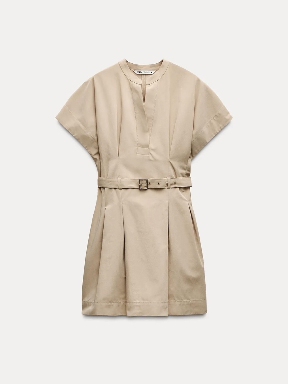 Zara Beige Short-Sleeve Belted Mini Dress